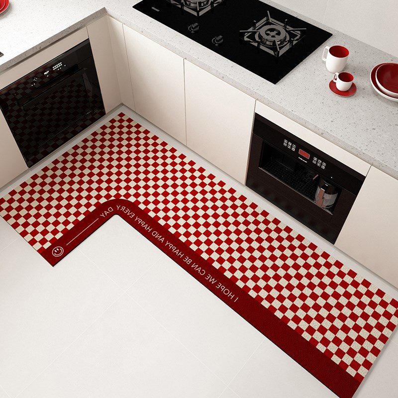 红色L厨房地垫7字型2024新款硅藻泥吸水脚垫门口防滑防油耐脏地毯