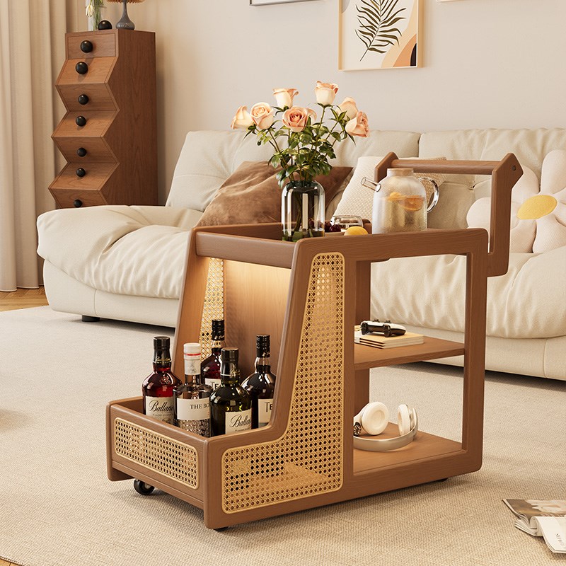 实木边几小推车沙发边柜侧边柜小茶几餐车可移动复古藤编置物架子
