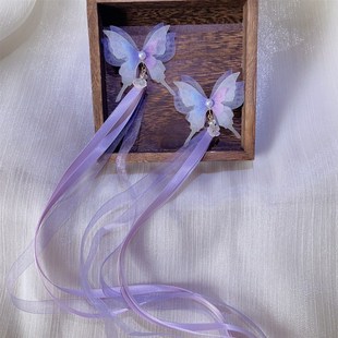 古风仙气薄纱绿色系多层蝴蝶儿童汉服手工中国风发夹飘带流苏配饰