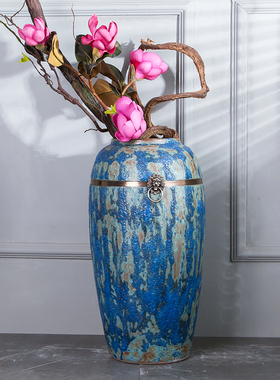 带铜环蓝色泡泡釉陶瓷落地大花瓶 古典中式0.45/0.55/0.65米摆件