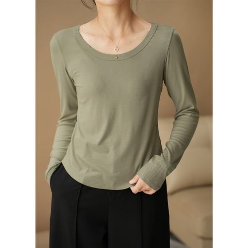 女士人棉弹力圆领打底衫 基础款长袖T恤 修身显瘦上衣 春款女装