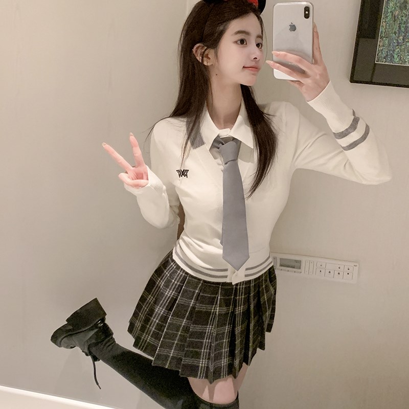 若语定制 英区返校生灰白针织长袖上衣半裙套装学院风两件套女
