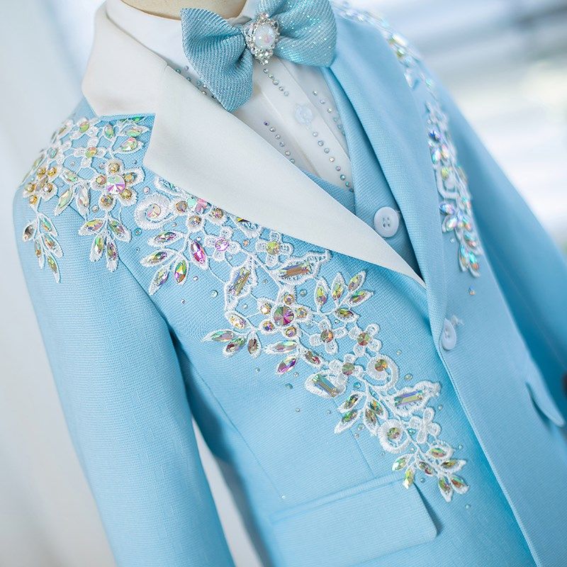 儿童西装套装男童2024新款高端手工花童小西服主持钢琴演出服蓝色