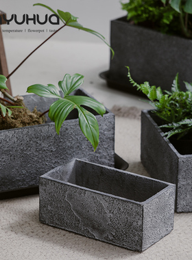 简约灰色水泥矮款阳台长方形花盆北欧仙人掌绿植客厅细窄长条花槽