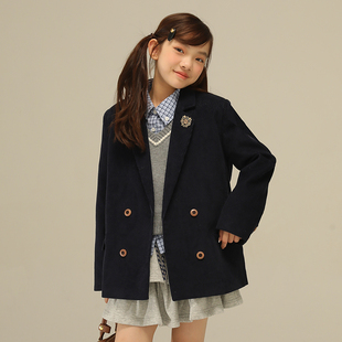 小女森女童春秋学院风灯芯绒宝蓝色西装中大童气质知识分子外套女