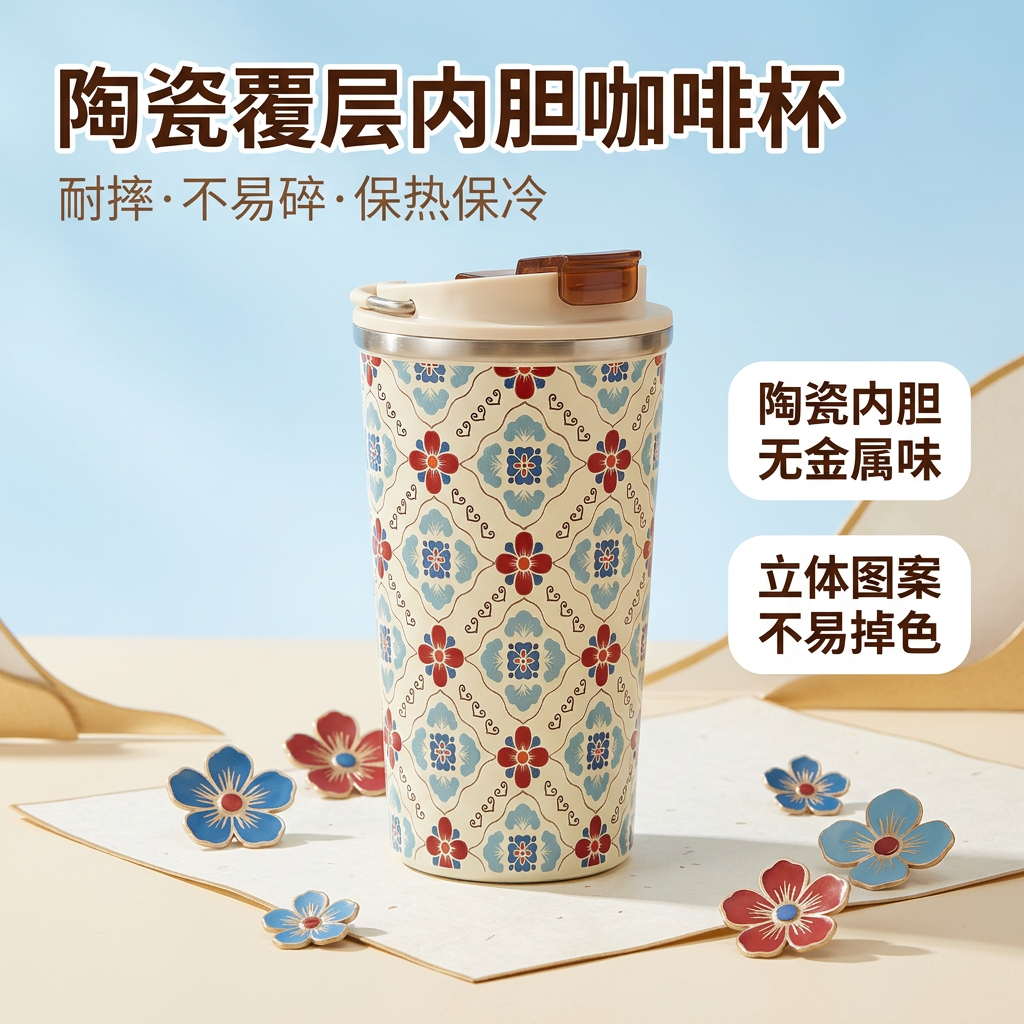 喜式保温杯陶瓷覆层内胆咖啡杯男女士带提手便携拎手随手杯果汁杯