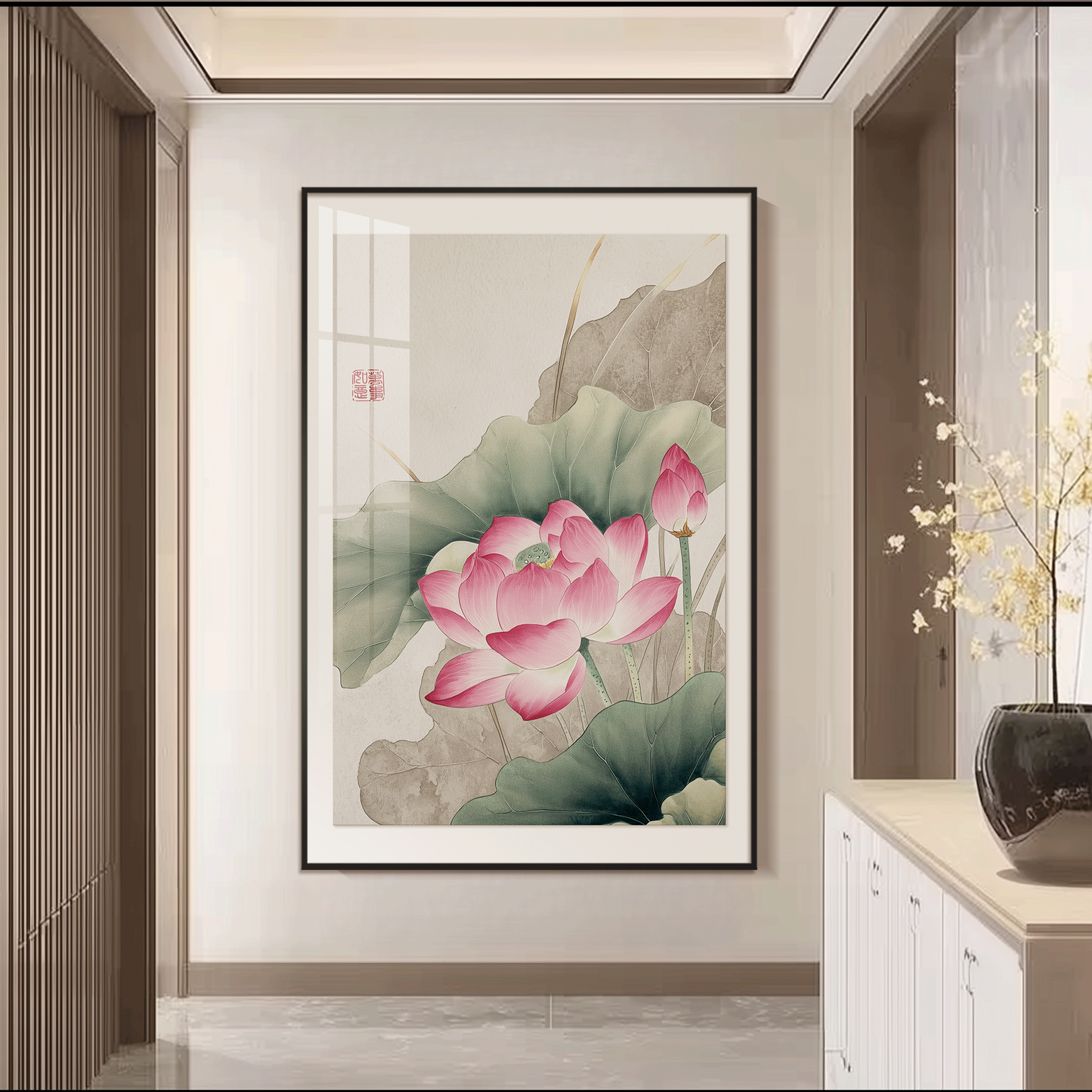 亿笔一画《好运莲莲》新中式入户玄关装饰画走廊尽头过道花卉壁画图片