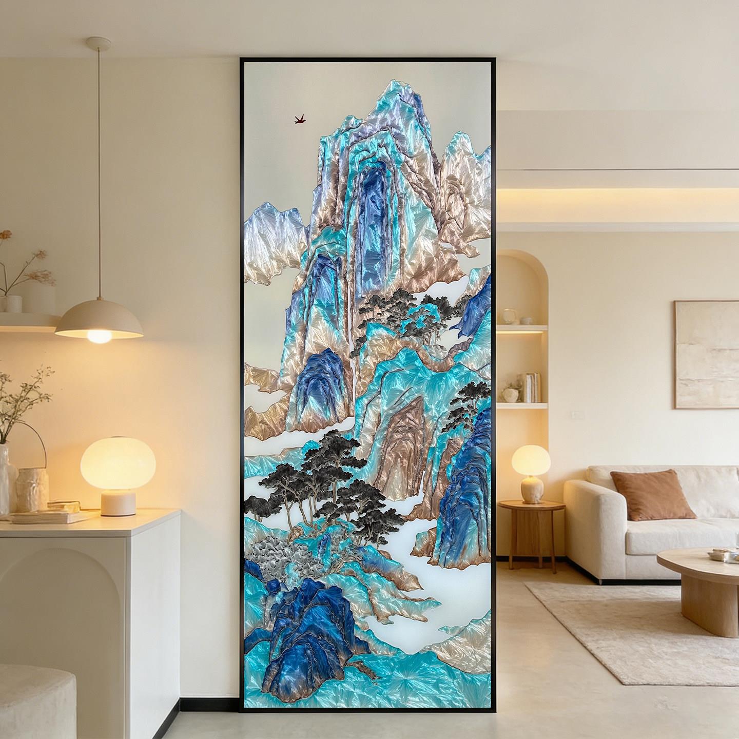 现代简约手绘掐丝珐瑯彩艺术玻璃屏风新中式客厅玄关隔断入户遮挡