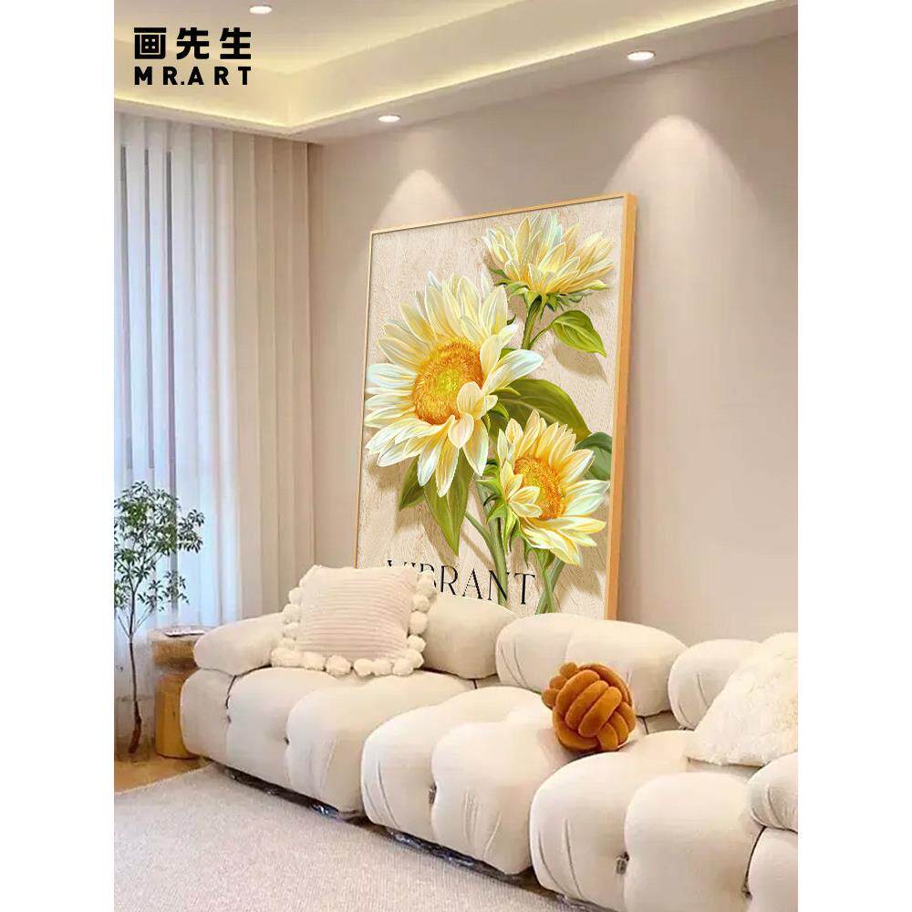 客厅装饰画向日葵沙发背景墙挂画玄关肌理画大幅落地画餐厅画