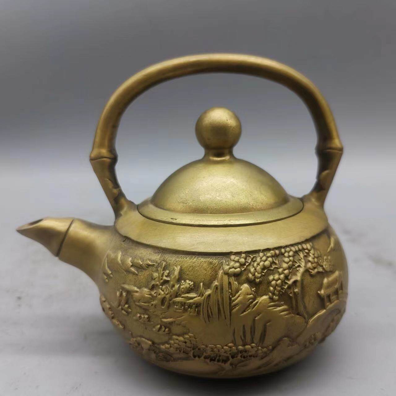 古董古玩仿古铜壶山水酒壶老物件 乡下收藏 水壶居家工艺品