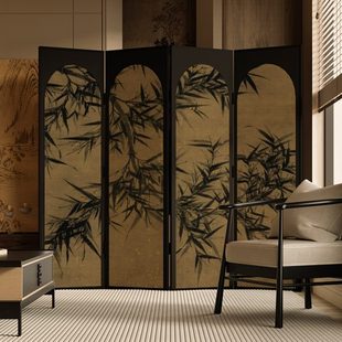 东方美学新中式 墨竹图 实木移动屏风隔断客厅沙发背景墙玄关折屏