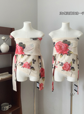 2026软糯法式浪漫玫瑰一字肩长袖女夏季全羊毛针织印花上衣现货