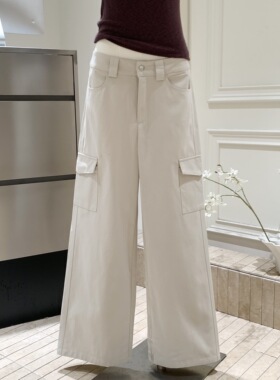 蘑【糯糯】同款 灰白色口袋工装休闲裤女宽松显瘦直筒阔腿裤子