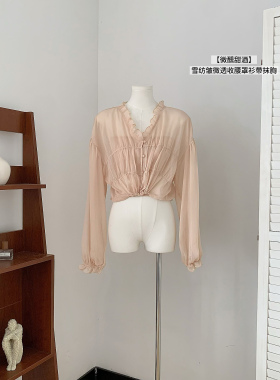 '微醺甜酒'轻盈感雪纺皱衬衫微透收腰罩衫附230G加厚莫代尔抹胸