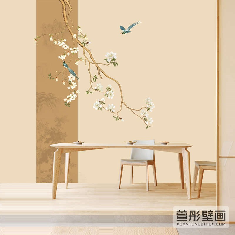 玉兰鸟淡雅墙布现代客厅沙发电视背景墙纸卧室床头定制壁画