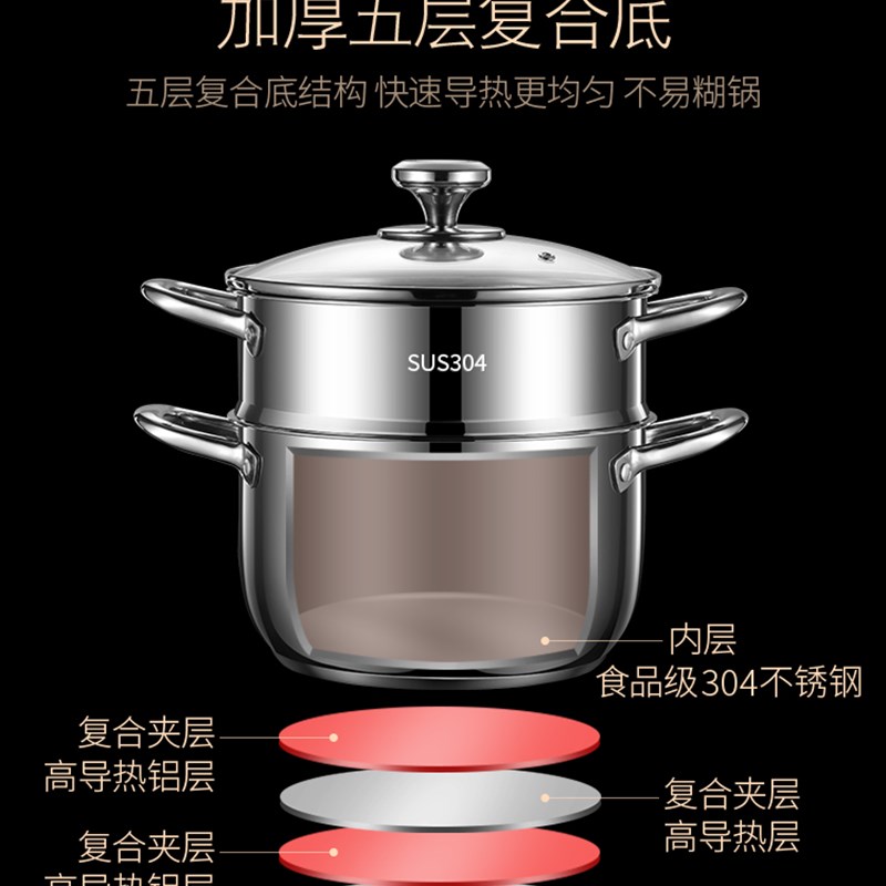 吉度304小蒸锅家用304不锈钢加厚双层3层小型蒸笼汤锅电磁炉两用