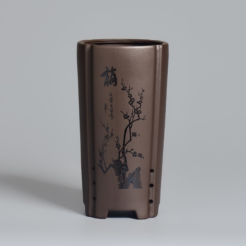 紫砂兰花盆高款中式四方盆文字雕刻兰花专用盆陶瓷