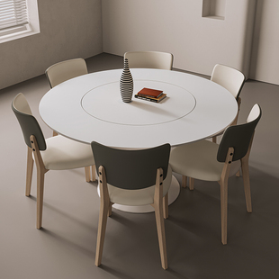 奶油风德利丰岩板餐桌带内嵌转盘家用饭桌圆桌高端圆形餐桌椅