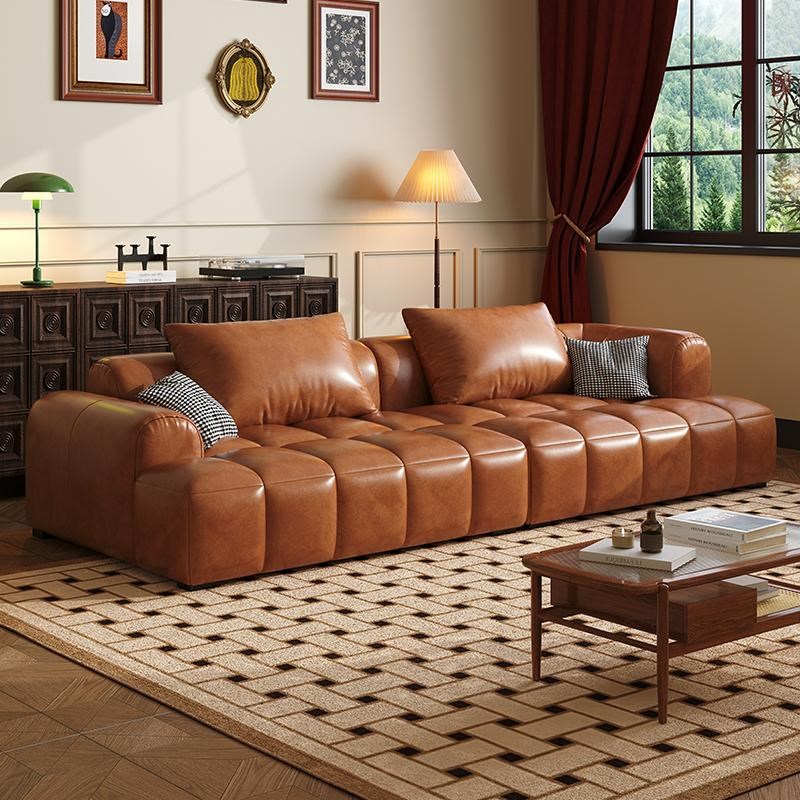 2024新款法式复古油蜡皮沙发客厅现代简约小户型网红直排泡芙沙发