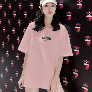 爆款 短袖 夏季 纯棉女装 t恤女上衣潮 韩版 宽松休闲显瘦ins圆领中长款