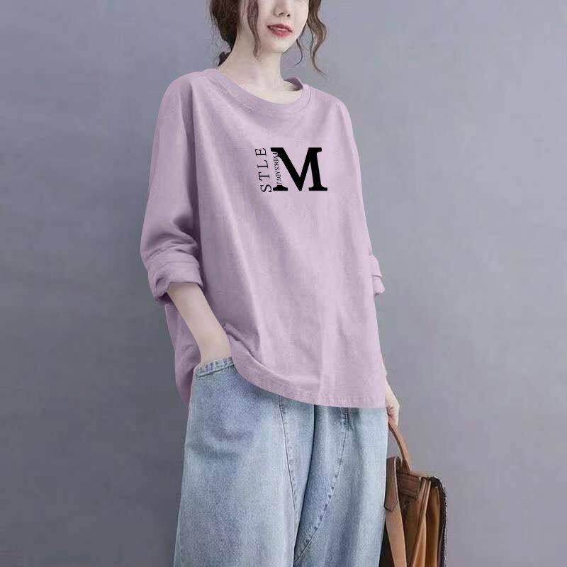 春秋大码女装纯棉圆领长袖t恤女时尚休闲显瘦宽松通勤打底衫上衣