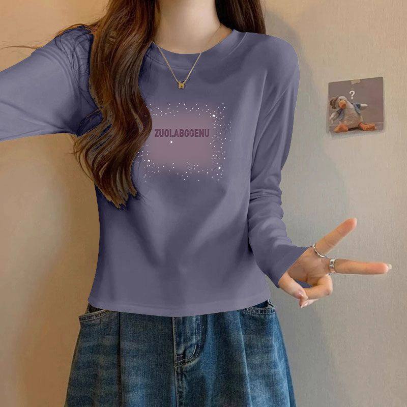时尚纯棉女士t恤长袖打底衫新款春秋季洋气简约ins印花短款上衣女