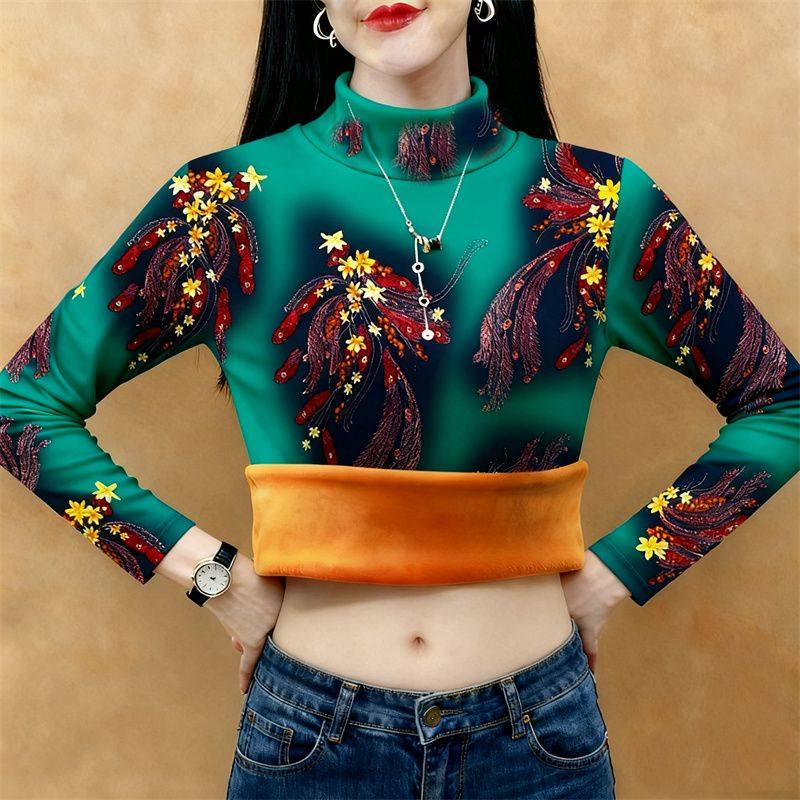 时尚大码加绒加厚打底衫女秋冬款洋气减龄简约休闲显瘦保暖上衣女