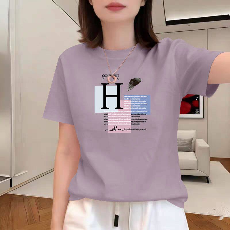 100纯棉女士t恤短袖夏季韩版时尚圆领百搭ins印花宽松大码上衣女