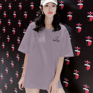 潮流宽松显瘦休闲百搭简约印花t恤女上衣 夏季 中长款 纯棉女装 短袖