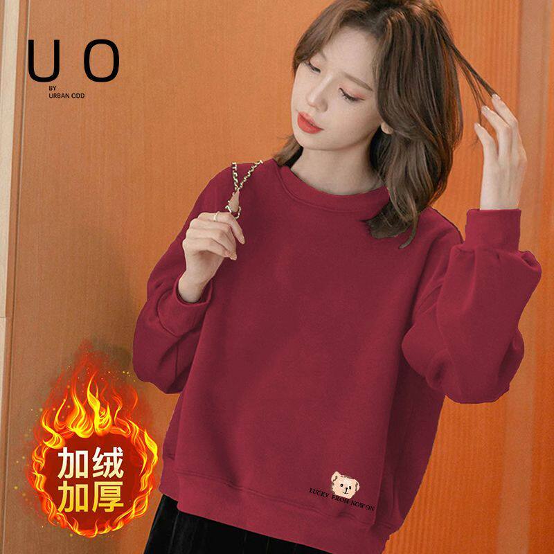 纯棉高腰短款加绒卫衣女秋冬季圆领宽松时尚小个子保暖加厚上衣女