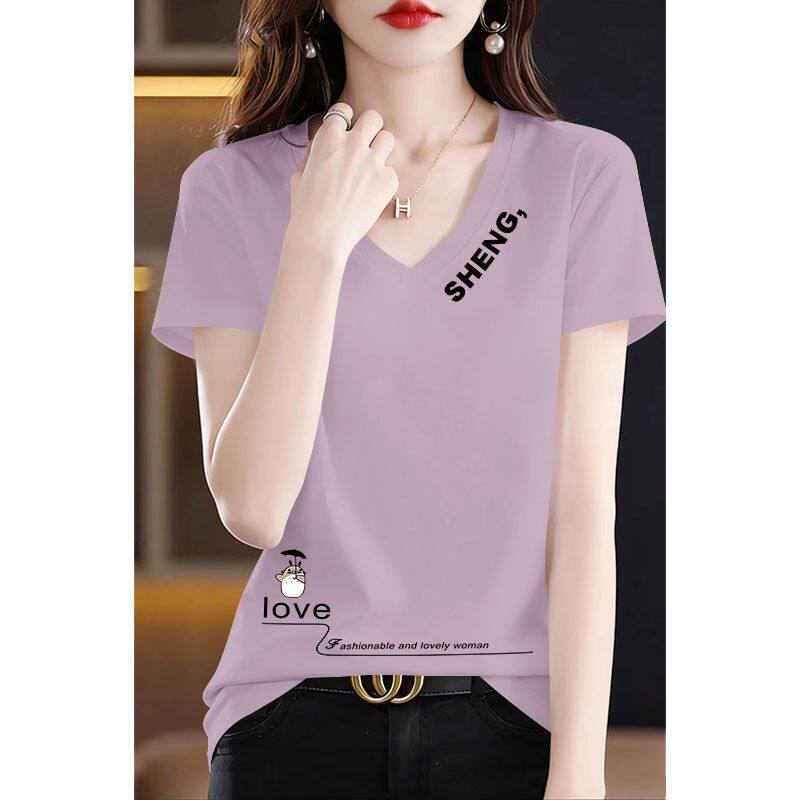 100纯棉v领短袖t恤女夏季新款时尚休闲百搭洋气印花半袖上衣女ins