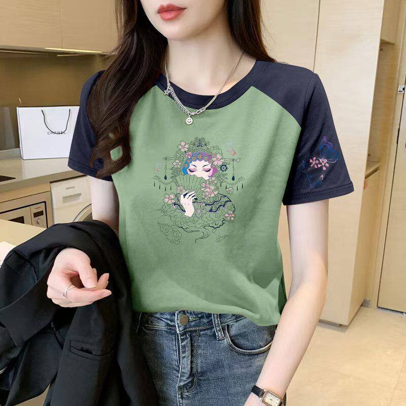 撞色插肩袖短袖纯棉t恤女圆领