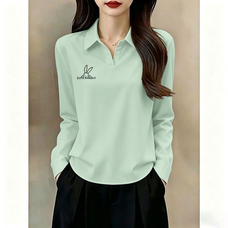 纯棉Polo领显瘦长袖T恤女大码
