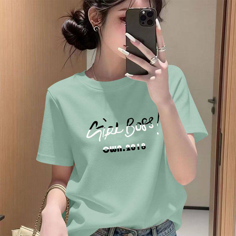 夏季韩版宽松纯棉短袖t恤女潮流简约休闲百搭显瘦圆领印花上衣女
