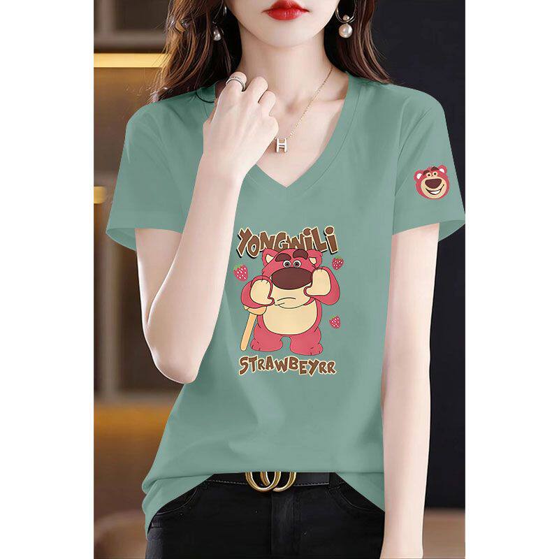 夏季100纯棉短袖t恤女时尚新款通勤百搭气质印花v领体恤外穿上衣