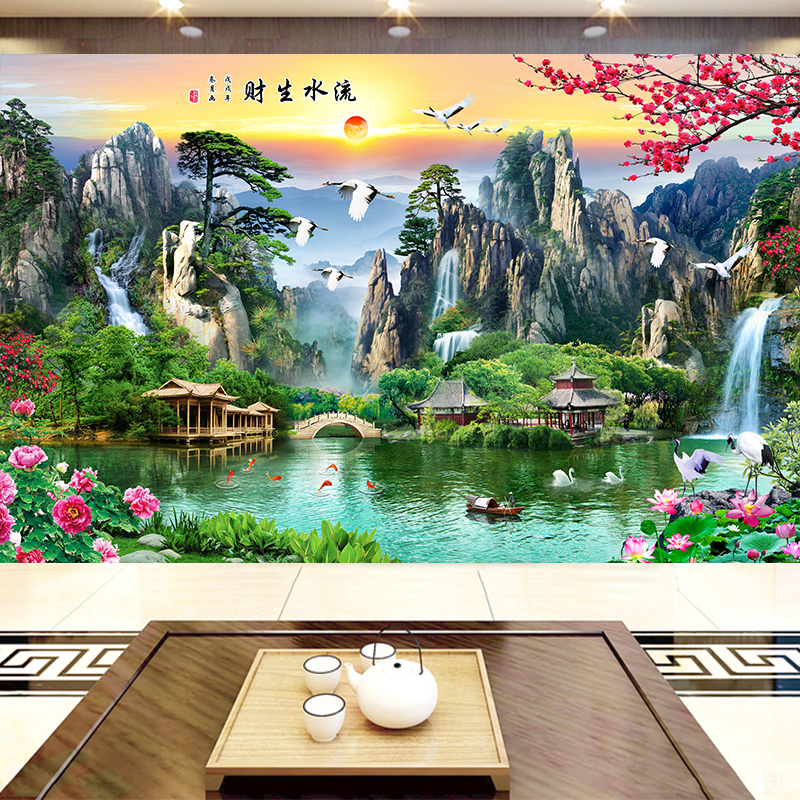迎客松定制3d电视背景墙壁画5d中式山水风景墙贴8d大墙布流水生财