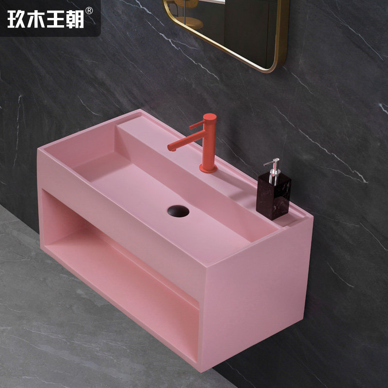 玖木王朝 人造石浴室柜一体洗手盆挂壁式浴室台盆面盆柜粉色,家装主材,浴室柜组合,淘宝优惠券,粉丝福利购,淘宝优惠卷