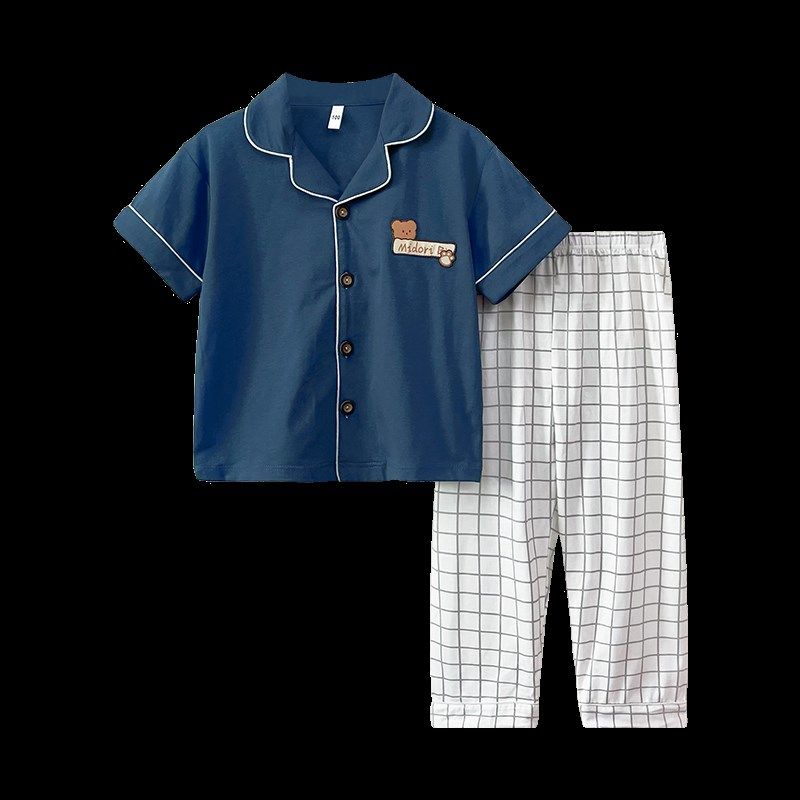 夏季男童家居服薄款儿童纯棉休闲睡衣中大童空调服短袖开衫套装女