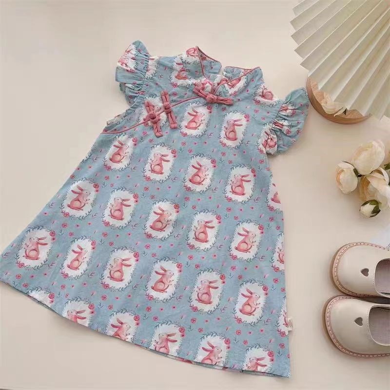 儿童旗袍夏季女童中大童宝宝纯棉中国风卡通短袖旗袍演出服连衣裙