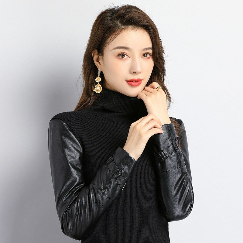 皮袖打底衫女冬季羽绒棉袖毛衣配皮草背心的内搭袖子加绒加厚小衫