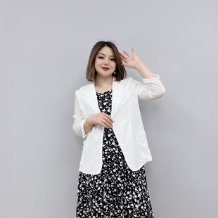 大码女装2023新款胖mm夏装宽松翻领七分袖开衫轻薄西装外套上衣服