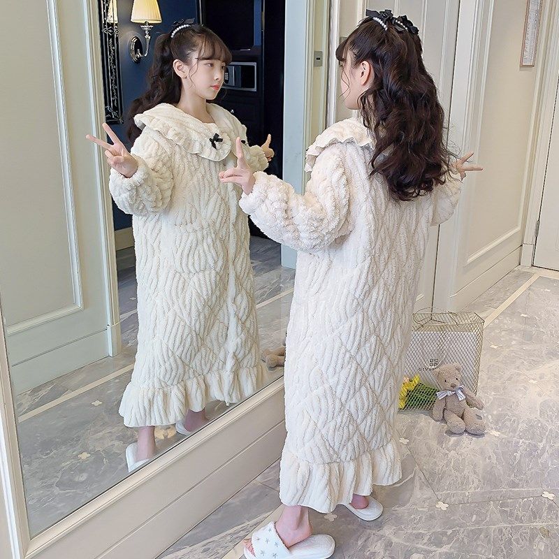 儿童睡袍冬季三层夹棉睡衣法兰绒加厚小孩女童米白保暖珊瑚绒浴袍