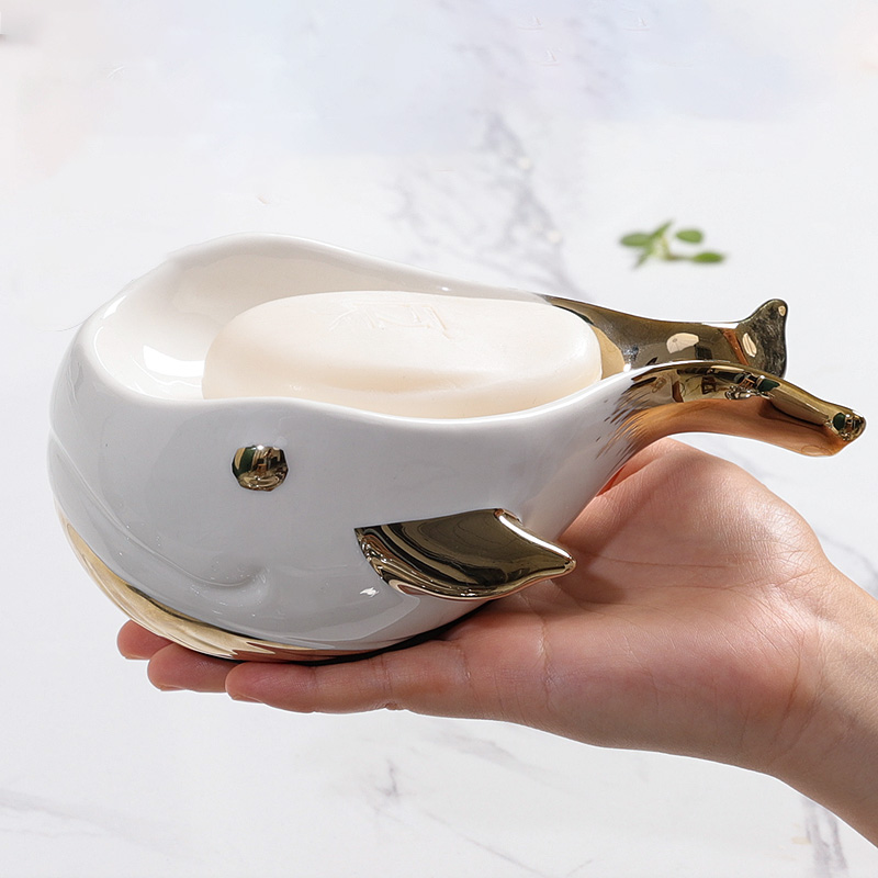 轻奢陶瓷鲸鱼肥皂盒创意导流沥水香皂盒家用卫生间免打孔皂碟托架
