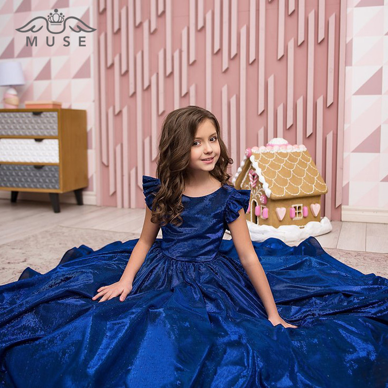 2021新钢琴演出晚礼服女童主持人礼服洋气10岁女孩生日宴礼服蓝色