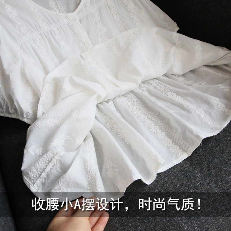 显瘦小蛮腰~纯棉白色蕾丝衬衫女短袖娃娃衫上衣韩版春夏薄款大码