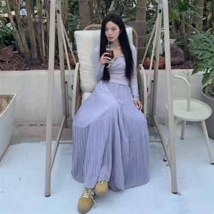 林十八 【雨雾紫藤】压褶半身裙早春宽松大裙摆a字长裙女