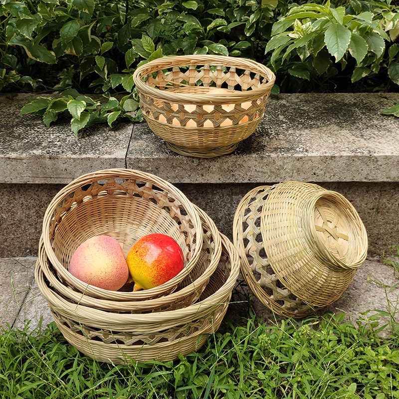 精品手工竹簸箕农夫竹编圆形水果篮蔬菜粮食收纳筐防虫实用竹篮子