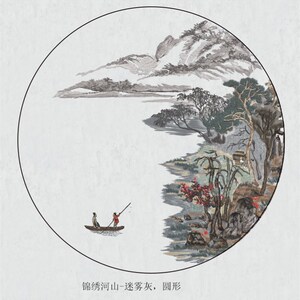 独绣刺绣圆形鸟山水壁布背景新现代客厅玄关卧室墙布壁