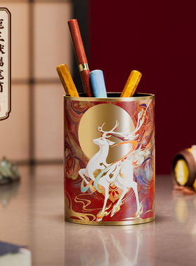 朱炳仁铜 鹿王献瑞笔筒 书房文具礼品学生办公室桌面送礼领导