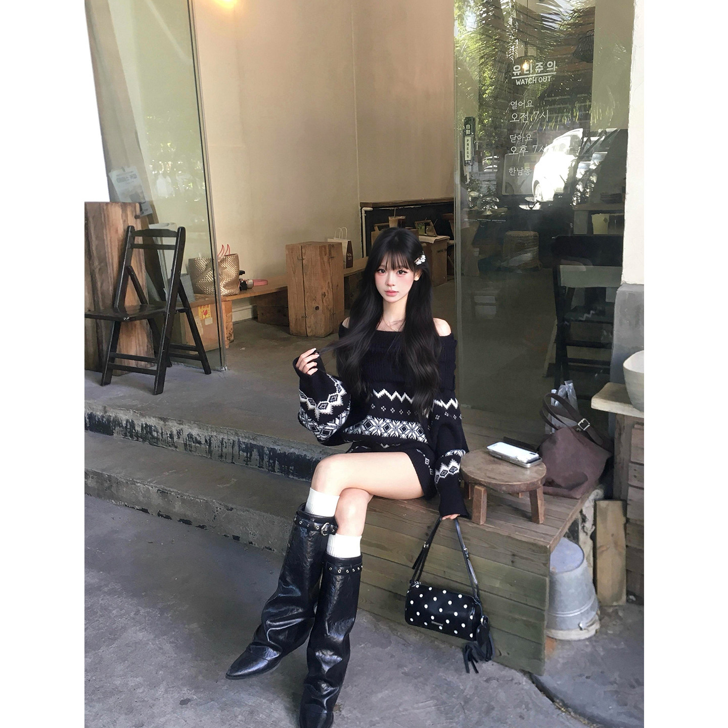 韩系费尔岛提花套装女春季新款宽松慵懒风高领毛衣针织短裤两件套,女装/女士精品,时尚套装,淘宝优惠券,粉丝福利购,淘宝优惠卷